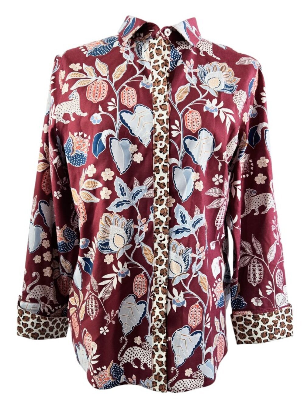 Chico's No Iron Chic Stretch Burgundy Floral Cheetah Mixed Print Button-Up Shirt